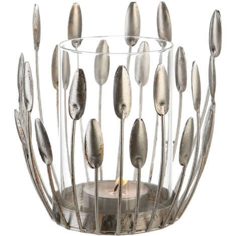 GILDE Windlicht, "Trevi", Blattmotiv, Metall, silberfarben, VE 2, H. 15 cm, D. 10 cm