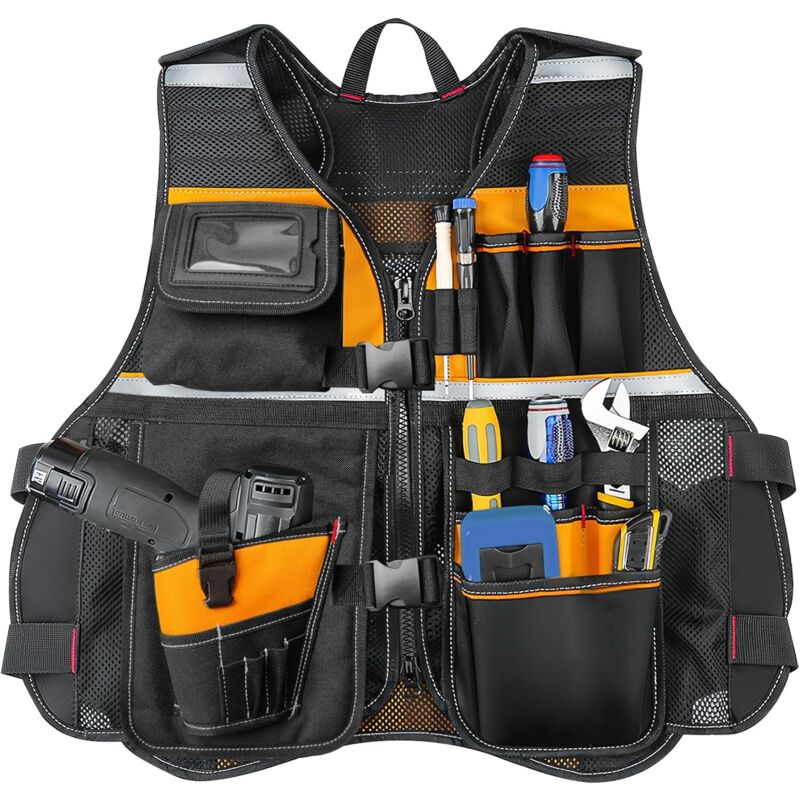 Gilet à outils, gilet à outils 15 poches pour électricien, gilet à outils professionnel de sécurité réfléchissant, travail du bois, Construction,