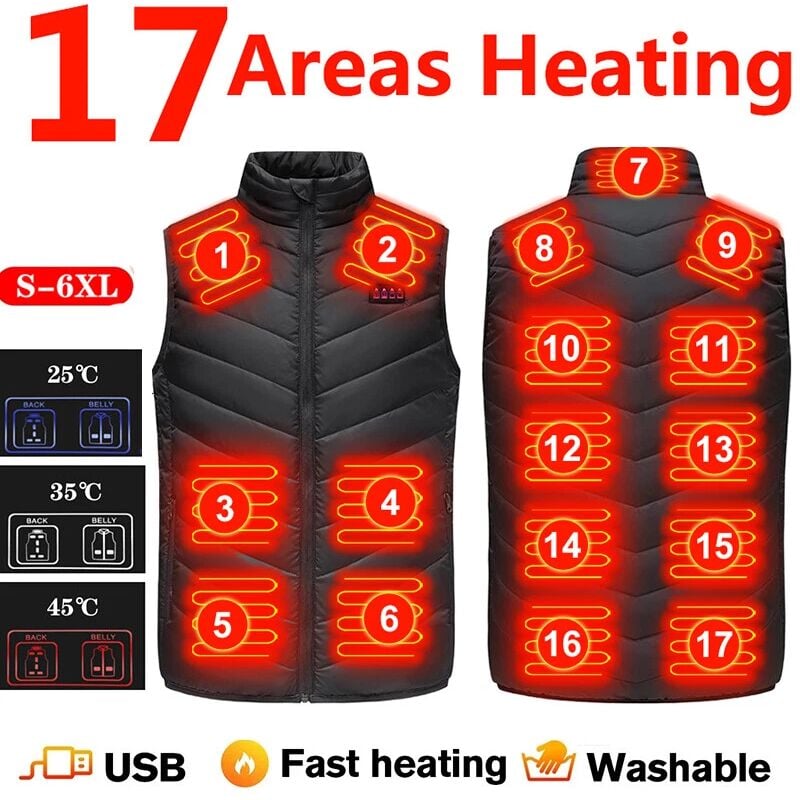 Zoternen - Gilet chauffant électrique 17 zones, température constante intelligente, 4 interrupteurs, 3 vitesses, gilet chauffant Intelligent,noir xl