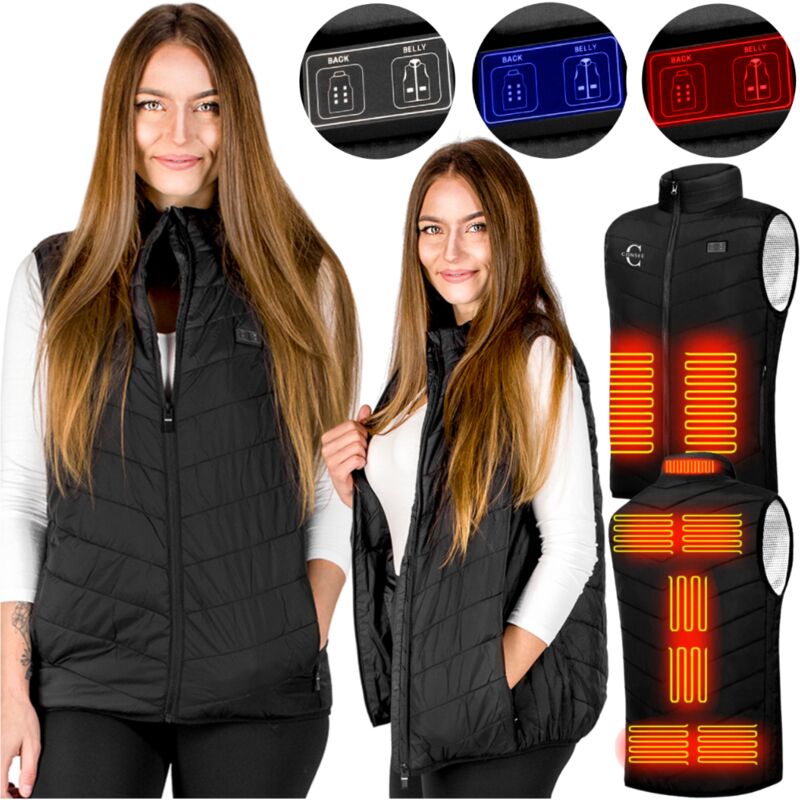 Gilet chauffant USB matelassé noir pour homme et femme – 9 points de chauffage – Tissu résistant – Modes jusqu'à 45°C