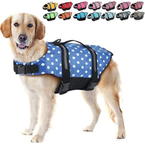 Gilet de sauvetage pour chien, gilet réfléchissant ajustable avec poignée de sauvetage et flottabilité améliorée pour la natation - Taille S - Bleu à pois