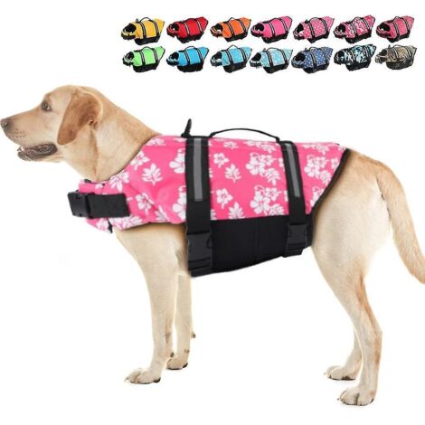 Gilet de sauvetage pour chien, réfléchissant et ajustable, avec poignée de sauvetage et flottabilité améliorée pour la natation - XXL - Rose fleuri