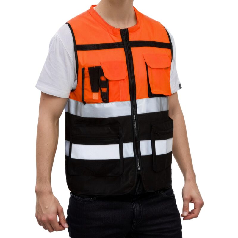 Gilet de sécurité Jaune Orange Gilet de travail avec poche zippée Bandes réfléchissantes Vêtements de travail respirants Sécurité Volontaire Transport