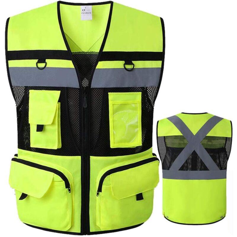 Gilet de sécurité réfléchissant 9 poches haute visibilité ANSI jaune noir, gilet en tissu maille à grandes poches pour hommes et femmes (jaune noir)