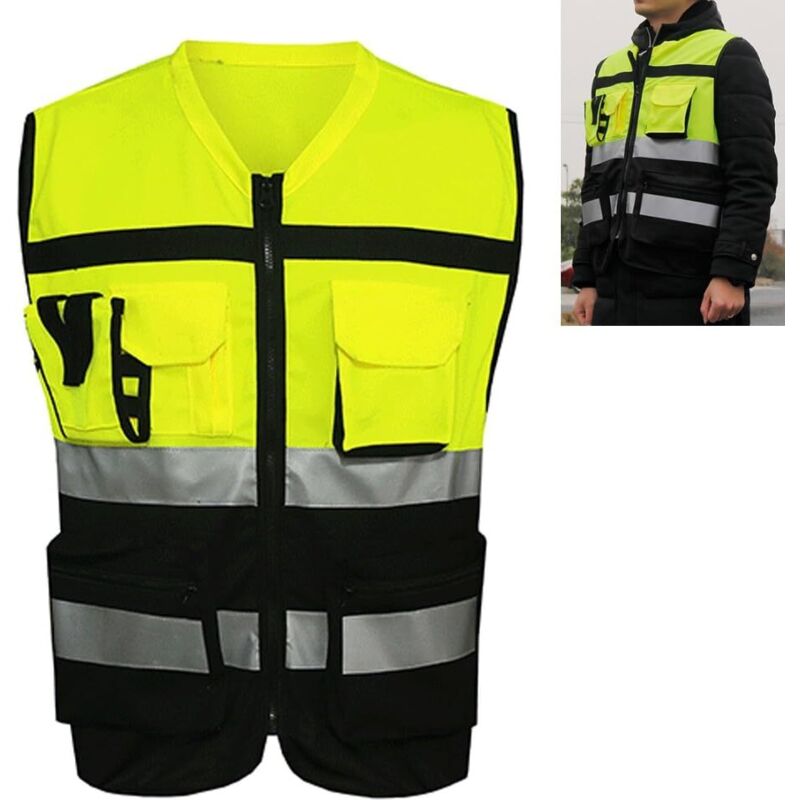 Gilet de sécurité réfléchissant, Gilet Avant à glissière Haute visibilité avec Poches et Bandes réfléchissantes Veste de sécurité Haute visibilité