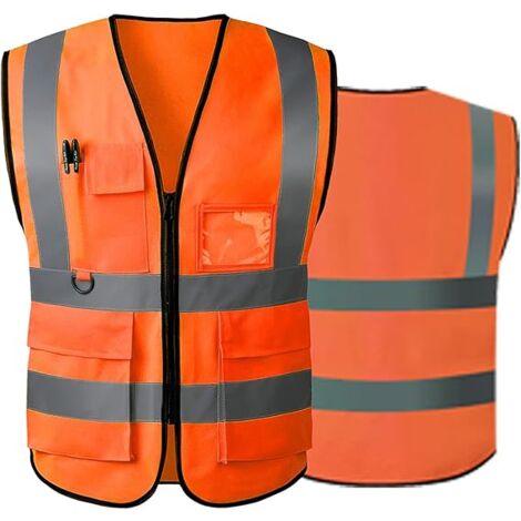 Gilet de sécurité réfléchissant haute visibilité avec poches zippées sur le devant - Conforme aux normes ANSI/ISEA(couleur orange-Taille： L)