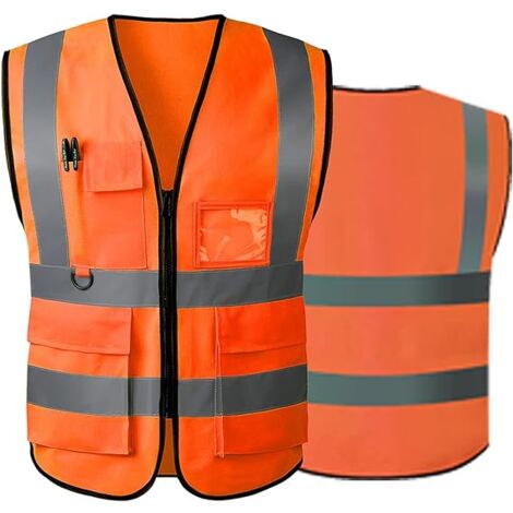 LRAPTY Gilet de sécurité réfléchissant haute visibilité avec poches zippées sur le devant - Conforme aux normes ANSI/ISEA(couleur orange-Taille： L)