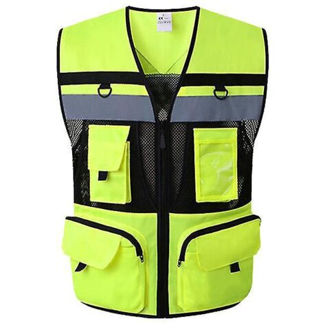 Gilet de sécurité réfléchissant haute visibilité, poche zippée, doublure en maille respirante, douce pour la peau et résistante à l'usure, taille S, jaune fluorescent.