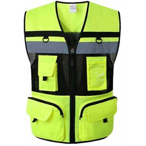 Gilet de sécurité réfléchissant haute visibilité Poche zippée Gilets de sécurité Doublure en maille Respirant, doux pour la peau et résistant à l'usure Taille S Jaune fluo