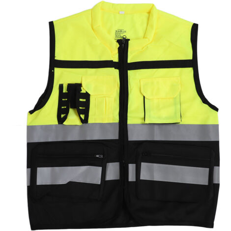 Gilet de Sécurité Réfléchissant XL Jaune et Noir Multifonction Adjustable en Tissage À Mailles pour Haute Visibilité et Confort