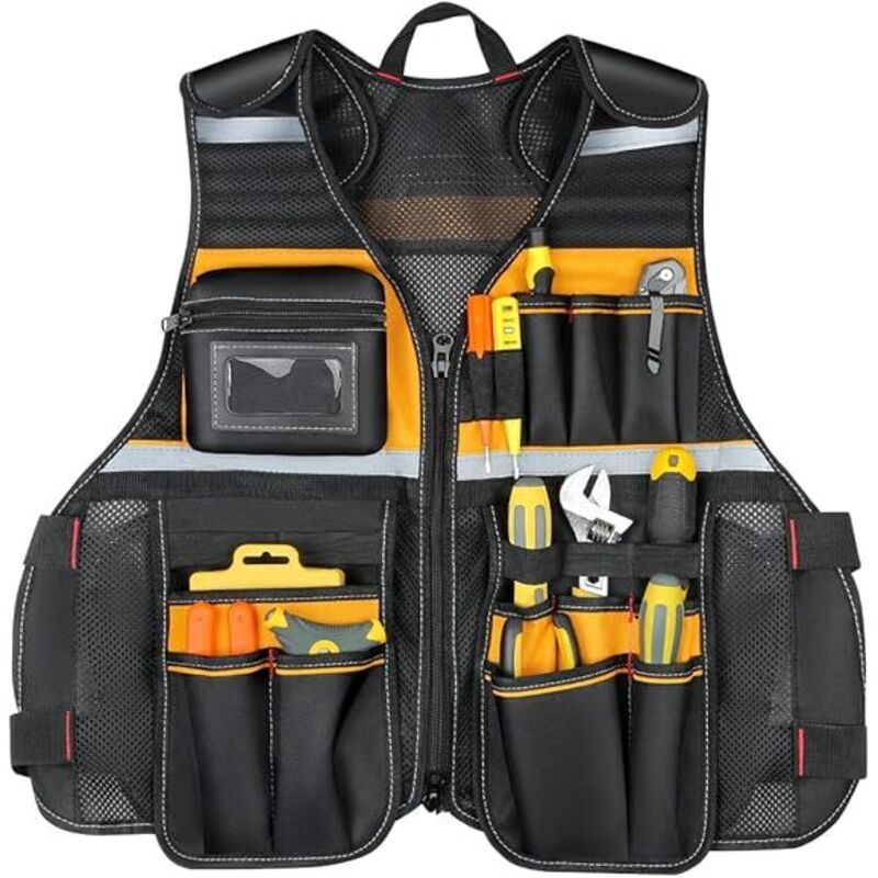 Gilet de travail multipoches Gilet en tissu Oxford solide Gilet réfléchissant Gilet d'outils pour électricien, charpentier, ouvrier, 62 x 60 x 3 cm,