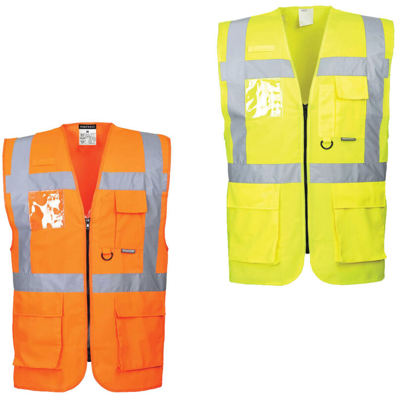 Portwest – Gilet de travail haute visibilité jaune M – 7 poches pratiques – Bandes rétro-réfléchissantes – Tissu 100% polyester léger