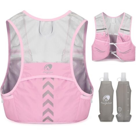 Gilet Hydratation avec 2pcs 500ml Bouteilles d’Eau Douce, Ultra Léger Gilet Trail Running Femme Homme, Réglable Sac Hydratation Running pour Randonnée Course à Pied Sport, Rose, M