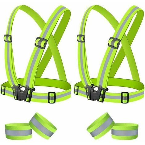 Gilet Réfléchissant Vélo, 2 Gilet Sécurité, 4 Bracelets/Bandes Réfléchissantes, Réfléchissant Réglable Elastique Gilet Réfléchissant de Sécurité pour Vélo Course Marche Jogging Moto