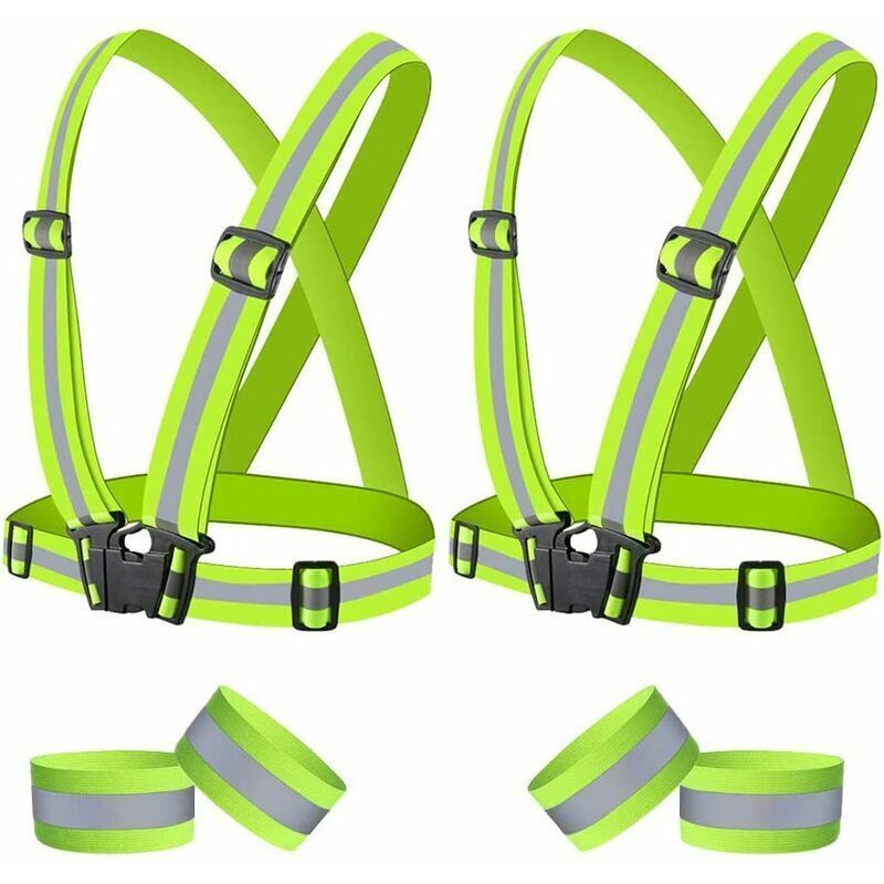 Lucky-88 – Gilet de sécurité réfléchissant haute visibilité – 2 gilets + 4 bracelets – Réglable élastique – Réflexion 360° pour vélo jogging marche