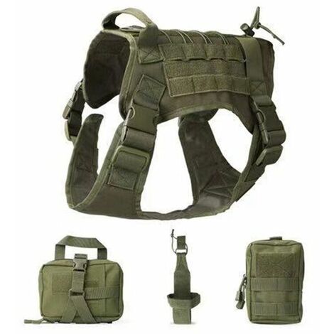 Gilet Tactique pour Chien, Gilet Tactique pour Chien de Service, Patrouille Militaire Imperméable à l'eau Confortable avec La Bouilloire Set Sacs à Dos et Sac de Banlieue Taille M (Armée verte),HANBIN