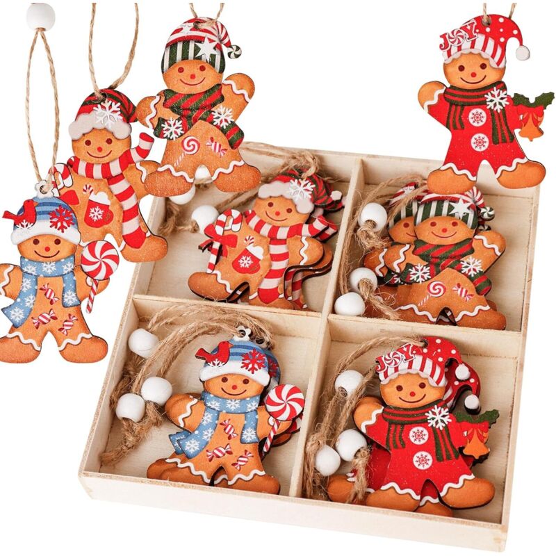 Gingerbread Man Christmas Decoration Set of 12 Wooden Tree Ornaments and Handmade Gift Tags
