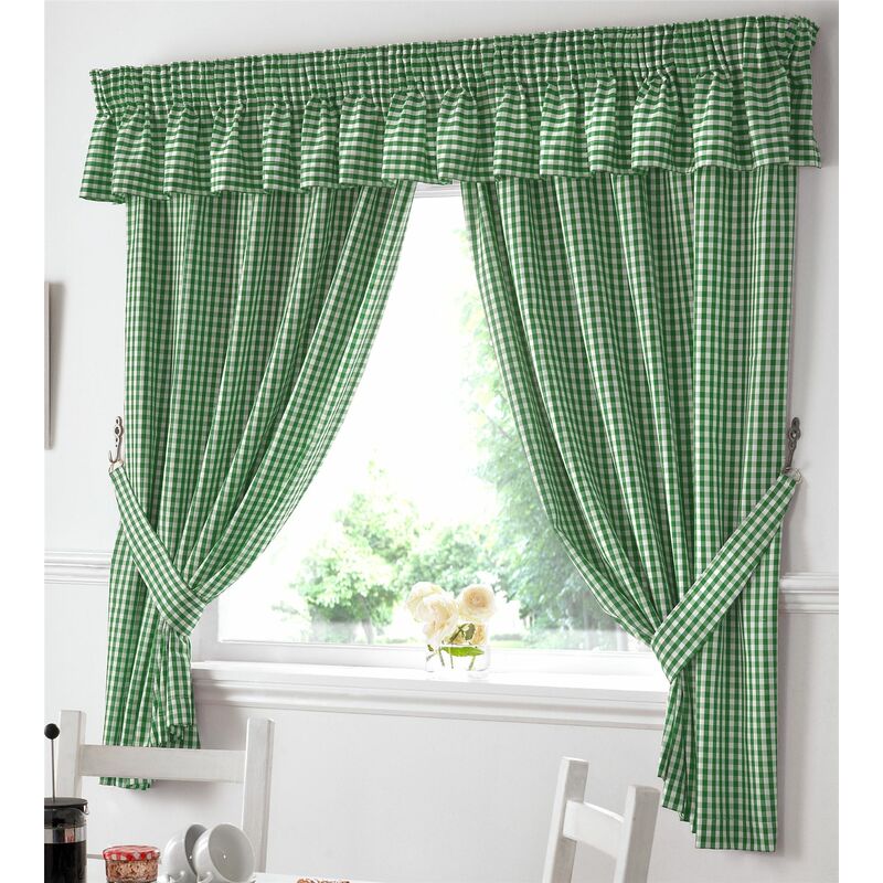 Gingham Kitchen Curtains Green Pelmet 136 x 10