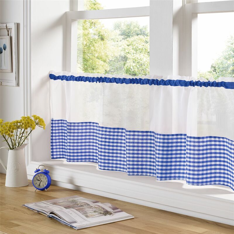Gingham Ready Made Slot Top Voile Cafe Curtain Panel (59' x 18', Blue)