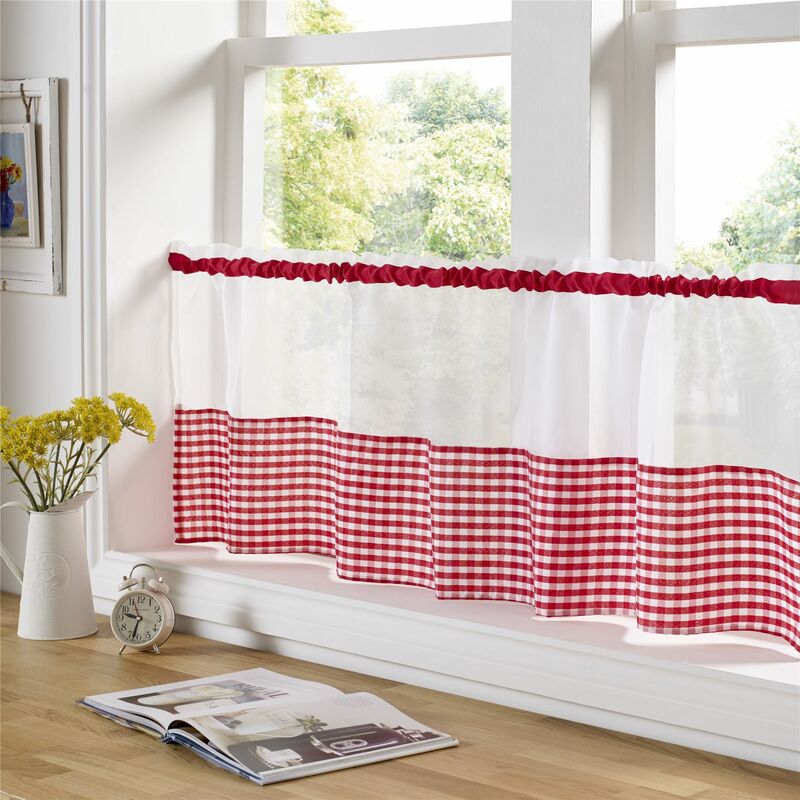 Gingham Ready Made Slot Top Voile Cafe Curtain Panel (59' x 18', Red)