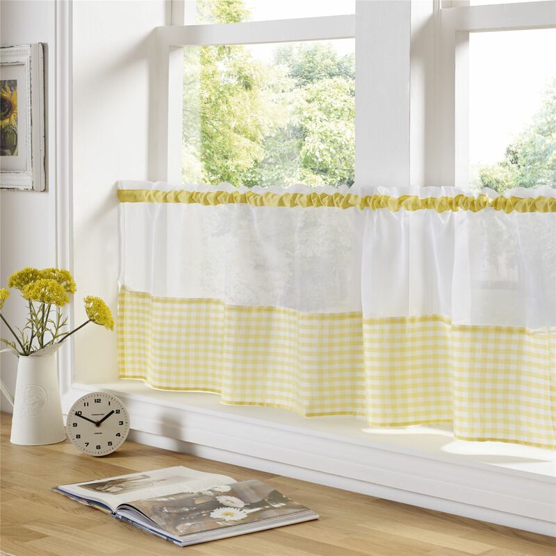Gingham Ready Made Slot Top Voile Cafe Curtain Panel (59' x 18', Yellow)