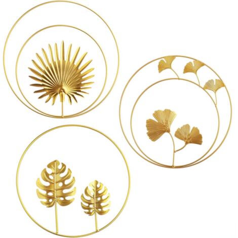 Ginkgo Biloba, 3er-Set goldene Metall-Wandhänger in runder Blattform für Wohnzimmer, Mädchenzimmer, Inneneinrichtung