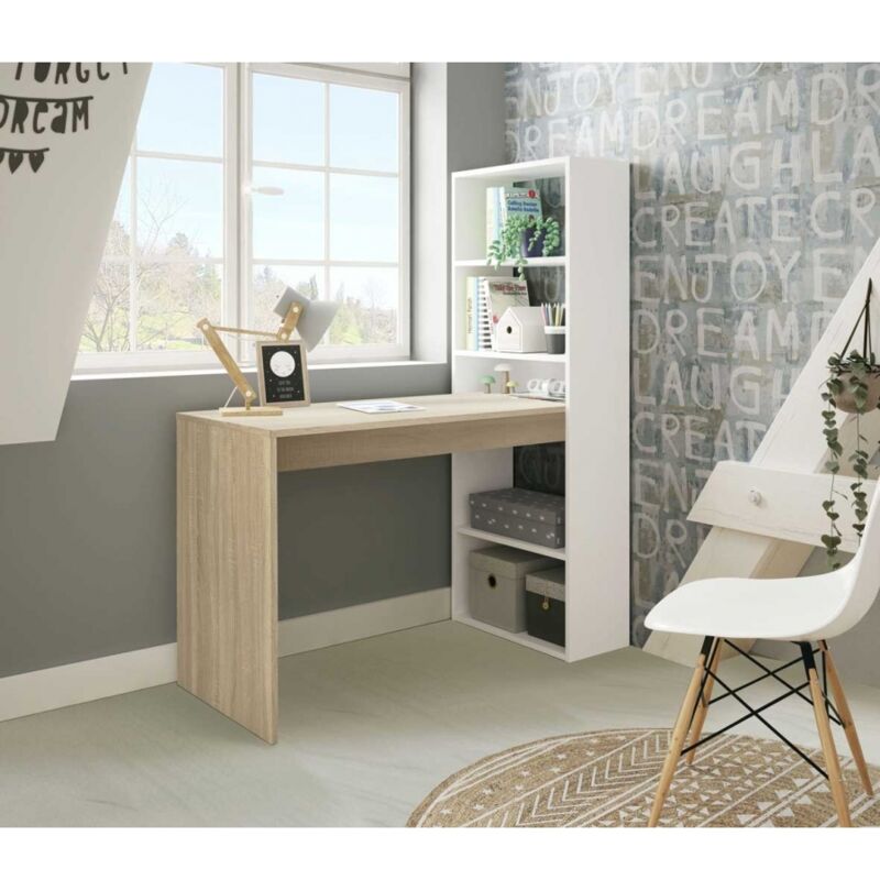 Miroytengo Mesa de Escritorio Duplo con Estantería Reversible en Colores Blanco Artik, Blanco Artik/Roble o Blanco Artik/Gris Fabricado en Melamina 120x144x53 cm