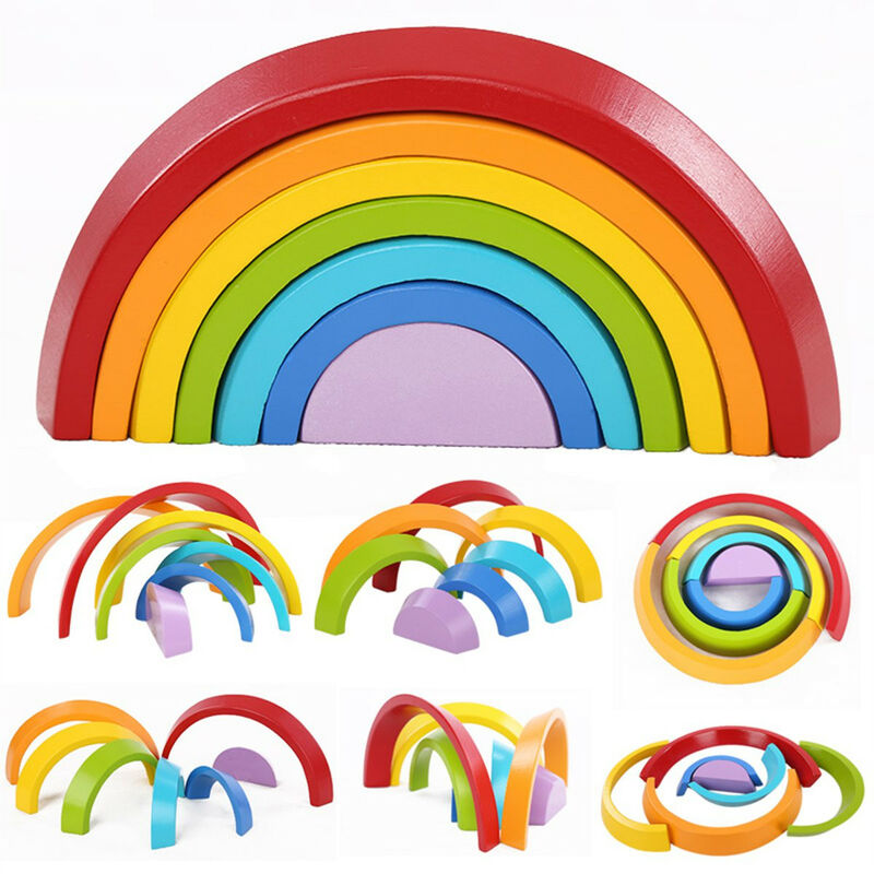 Image of Giocattoli arcobaleno in legno 7 pezzi Arcobaleno Stacker Giocattoli educativi per l'apprendimento Puzzle Blocchi colorati per bambini Bambini