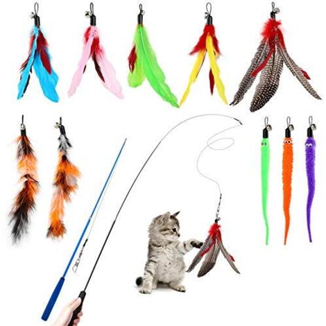 Giocattoli con piume per gatti [12 pezzi], giocattoli interattivi per gatti, 2 divertenti bastoncini retrattili per gatti e 10 piume di ricambio con campanellino
