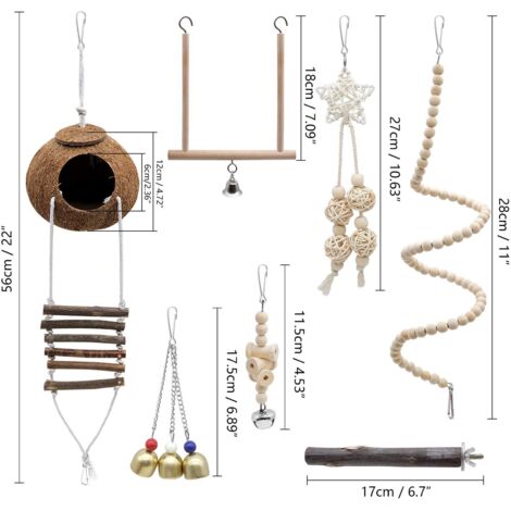 Giocattoli per pappagalli 7 pezzi, gabbia per uccelli in cocco naturale con scala, altalena, amaca da arrampicata, catena per appollaiarsi per uccelli, pappagalli, parrocchetti, are, inseparabili