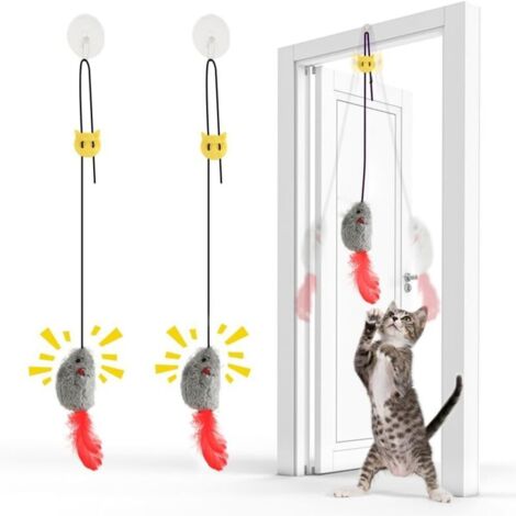 Giocattolo interattivo per gatti, 2 pezzi, a forma di topo appeso con coda di piume - Topo appeso con rumore e corda elastica - Senza batteria, ideale per il gioco indipendente