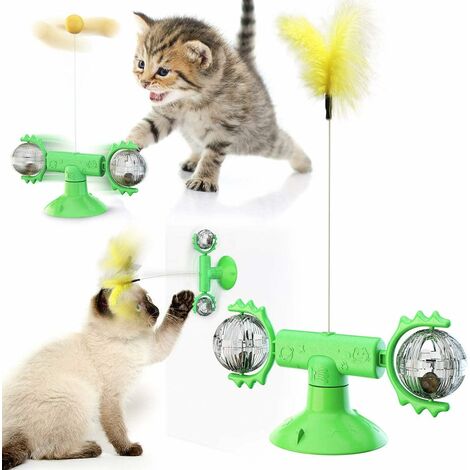 Giocattolo per gatto mulino a vento, giocattolo interattivo per gatto, giocattolo per gatto con vassoio di tornitura per gatti interni con ventosa, piume di gatto divertenti con piuma naturale (verde)