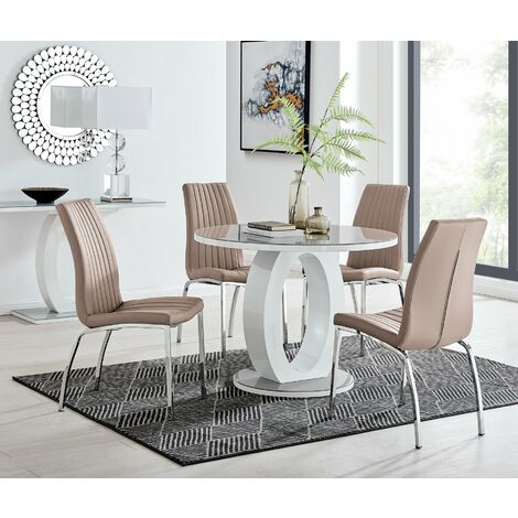 Giovani Grey White High Gloss And Glass 100cm Round Dining Table And 4 Isco Chairs Set