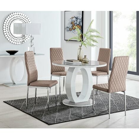 Giovani Grey White High Gloss And Glass 100cm Round Dining Table And 4 Milan Chairs Set