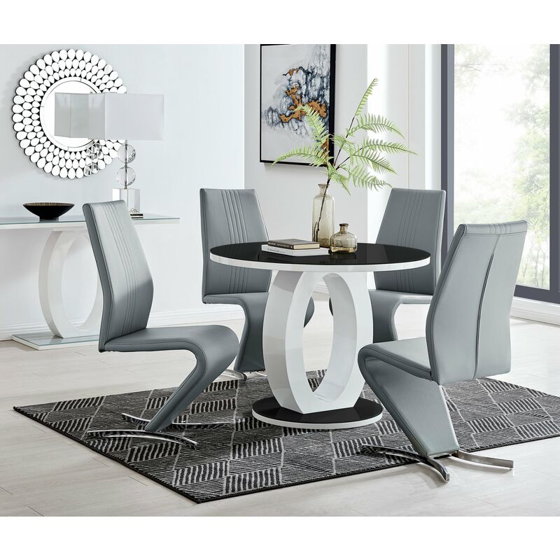 Giovani High Gloss And Glass 100cm Round Dining Table And 4 Elephant Grey Willow Chairs Set - Elephant Grey