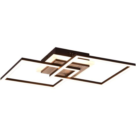 GIRO PLAFONIERA LED DOPPIO QUADRATO METALLO NERO CON BASE ILLUMINATA EFFETTO LEGNO CON TELECOMANDO MULTIFUNZIONE L. 57,5CM DIMMERABILE