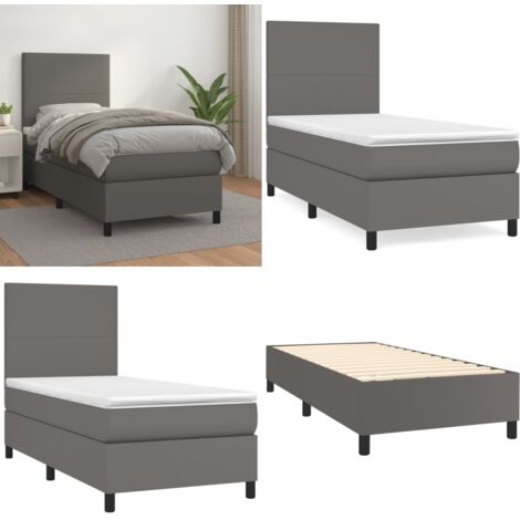 Giroletto a Molle con Materasso Grgio 90x200 cm in Similpelle - Materasso a molle - Letto con testiera regolabile
