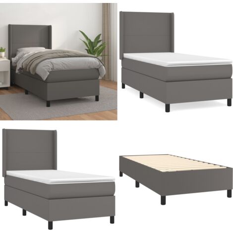 Giroletto a Molle con Materasso Grgio 90x200 cm in Similpelle - Materasso a molle - Letto con testiera regolabile