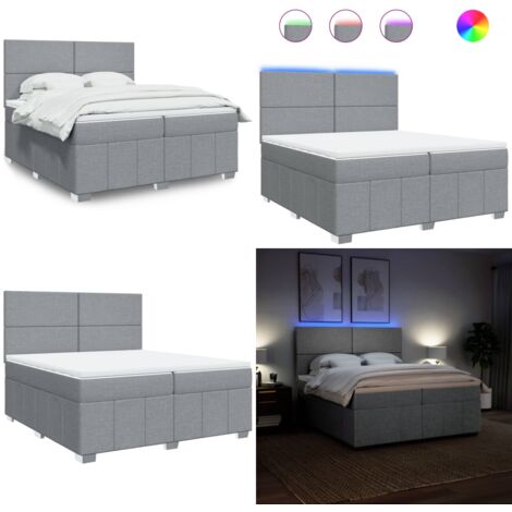 Giroletto a Molle con Materasso Grigio Chiaro 200x200cm Tessuto - Materasso a molle insacchettate - Letto con luci LED