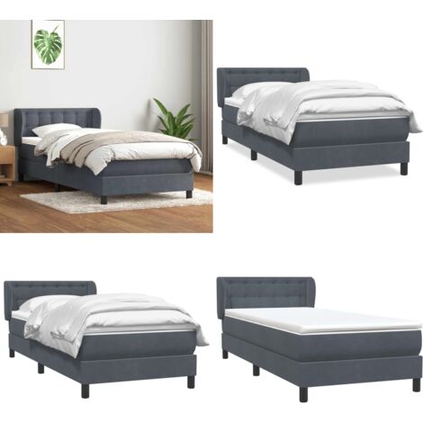 Giroletto a Molle con Materasso Grigio Scuro 80x210 cm Velluto - Materasso a molle insacchettate - Letto con testiera
