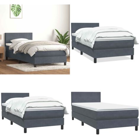 Giroletto a Molle con Materasso Grigio Scuro 80x210 cm Velluto - Materasso a molle insacchettate - Testiera regolabile