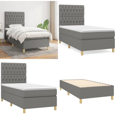 Giroletto a Molle con Materasso Grigio Scuro 90x200 cm Tessuto - Materasso a molle - Letto con testiera regolabile