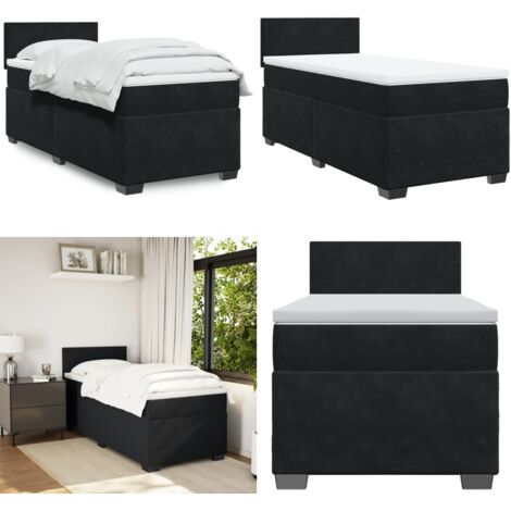 Giroletto a Molle con Materasso Nero 90x200 cm in Velluto - Materasso a molle insacchettate - Letto con testiera