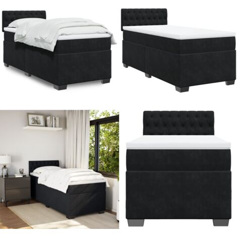 Giroletto a Molle con Materasso Nero 90x200 cm in Velluto - Materasso a molle insacchettate - Letto con testiera