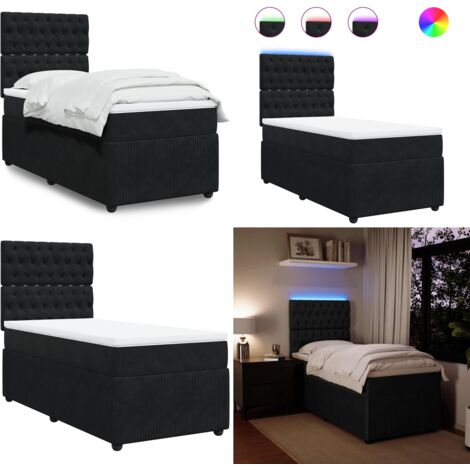 Giroletto a Molle con Materasso Nero 90x200 cm in Velluto - Materasso a molle insacchettate - Letto con testiera regolabile