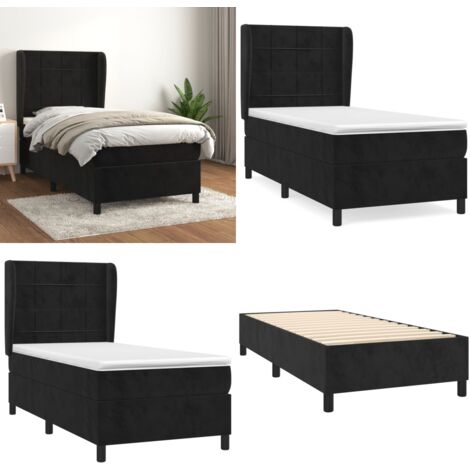 Giroletto a Molle con Materasso Nero 90x200 cm in Velluto - Materasso a molle insacchettato - Letto con testiera regolabile
