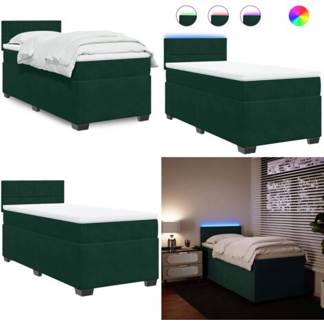 Giroletto a Molle con Materasso Verde Scuro 90x200 cm Velluto - Materasso a molle insacchettate - Letto con luci LED