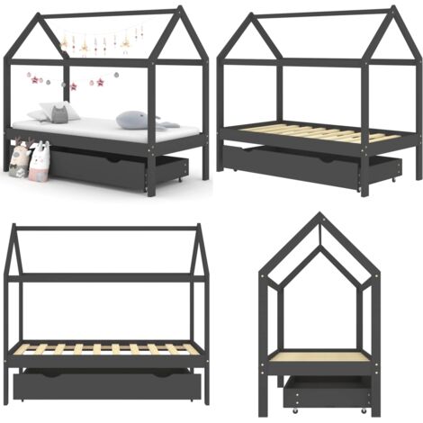 Giroletto Bambini Cassetto Grigio Scuro Pino Massello 80x160cm - Letto per bambini - Cassetto per bambini