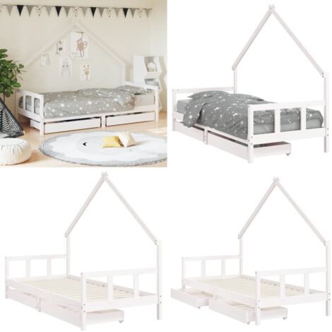 Giroletto Bambini con Cassetti Bianco 90x190 cm Massello Pino - Letto per bambini - Letto a casetta