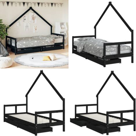 Giroletto Bambini con Cassetti Nero 80x200cm Massello di Pino - Letto per bambini - Letto a casetta